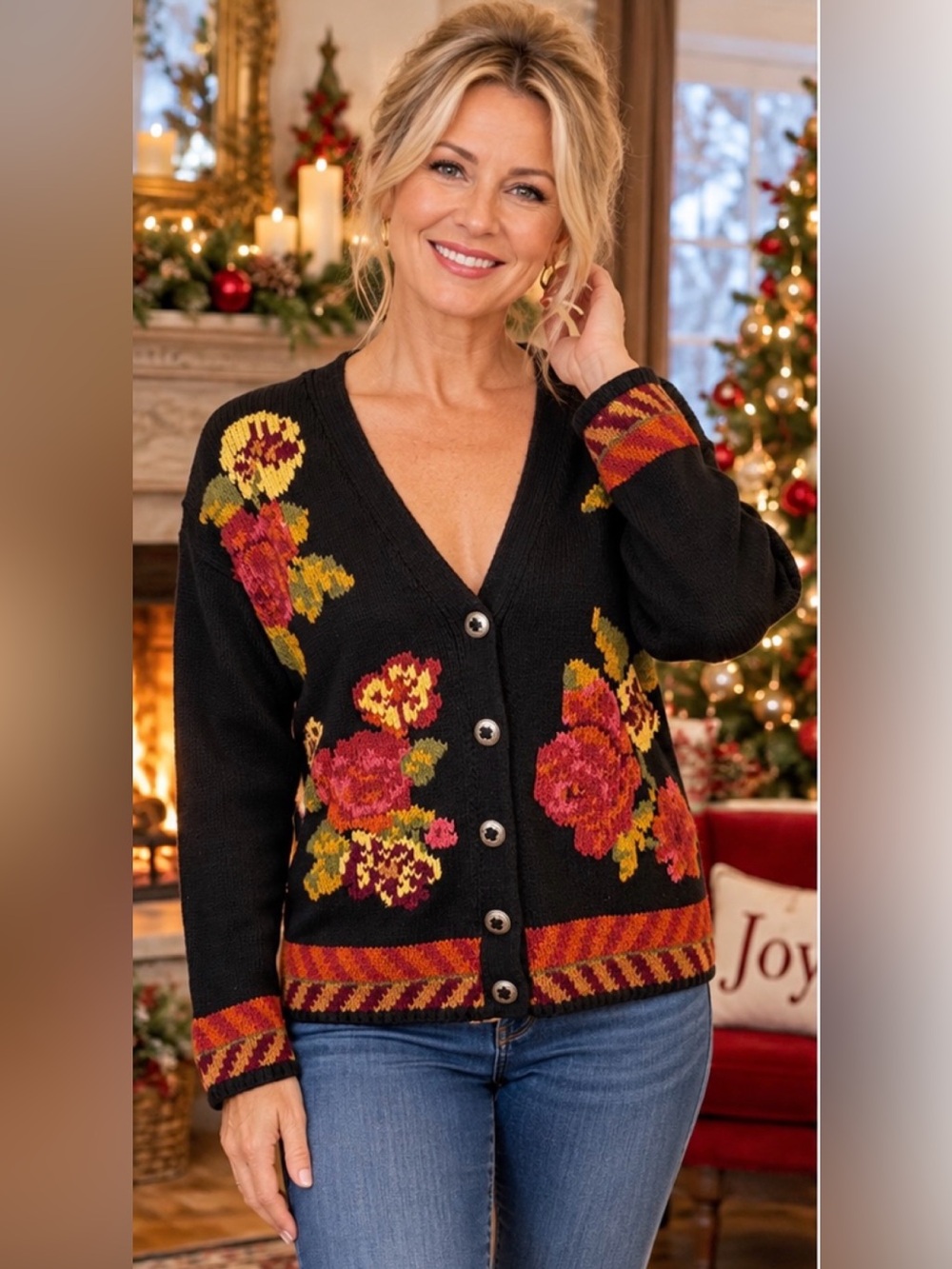 Vintage Knitted Floral Designed Woman’s Cardigan by All Week Long Size XL
